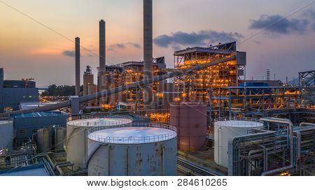 Combined Heat Power Plant, Aerial View Large Combined Cycle Power Plant.