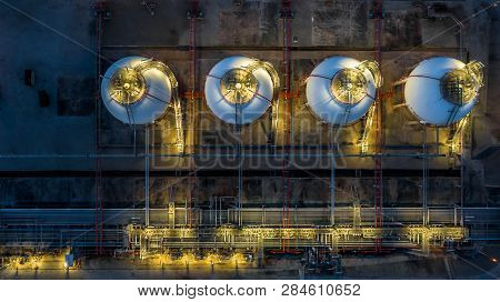 Gas Storage At Night, Petrochemical Industrial, Aerial View Gas Storage At Night.