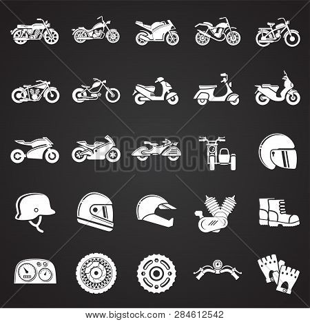 Motorcycle Icons Set On Black Background For Graphic And Web Design, Modern Simple Vector Sign. Inte