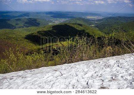 A View From The Snow-capped Peak Of Carpathian Parashka Mount, National Park Skolevski Beskidy, Lviv