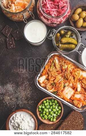 Probiotics Food Background. Kimchi, Beet Sauerkraut, Sauerkraut, Cottage Cheese, Olives, Bread, Choc