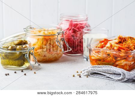 Probiotics Food Concept. Kimchi, Beet Sauerkraut, Sauerkraut, Kefir And Pickled Cucumbers In Glass J