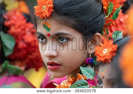 Kolkata , India - March 1, 2018: Expression Of Girl Dancer, Dressed In Traditional Indian Sari And P
