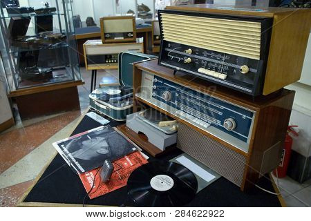 Magnitogorsk, Russia, - April, 20, 2012. Vintage Soviet Retro Radio Equipment Installed In The Lobby