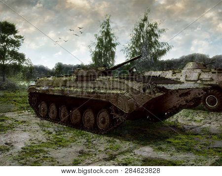 Abandoned Tank On The Empty Land. Self-propelled Howitzer