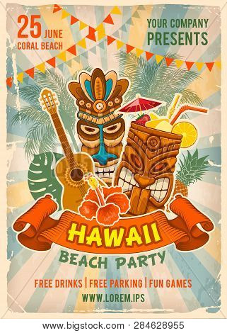 Vintage Poster Template For Party In Hawaiian Style. Tiki Mask, Exotic Cocktail And Other Traditiona