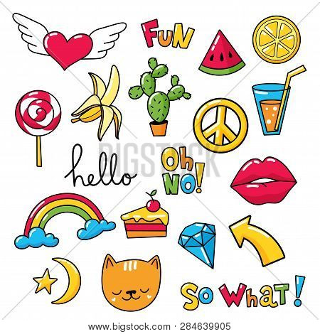 Set Of Cool Stickers, Patches With Food