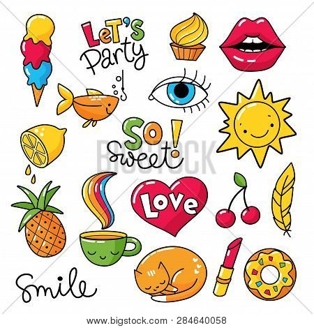 Set Of Cool Stickers, Patches With Food