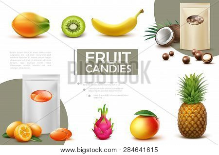 Realistic Sweet Fruit Candies Composition With Bags Of Chocolate Balls And Bonbons Papaya Kiwi Banan
