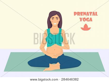 Pregnant Woman Doing Yoga Exercises On The Mat. Pregnant Women In Lotos Pose. Prenatal Yoga. Vector 