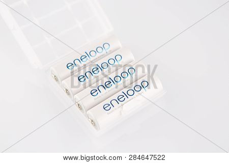 Batteries Eneloop In Blister On A White Background.