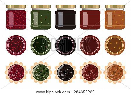 Vector Small Glass Jam Jars With Strawberry, Blueberry, Apricot, Apple, Cherry, Kiwi, Orange And Ras