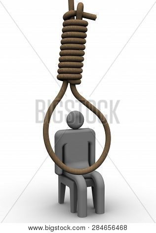Suicide Maybe. Self Locking Knot And Sitting Man Isolated On White Background. Isolated. 3d Illustra