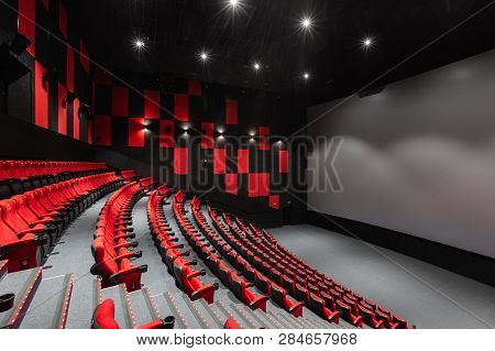 Russia, Nizhny Novgorod - November 14, 2016: Cinema Imperia Grez Nebo, Dolby Atmos. Empty Red Cinema