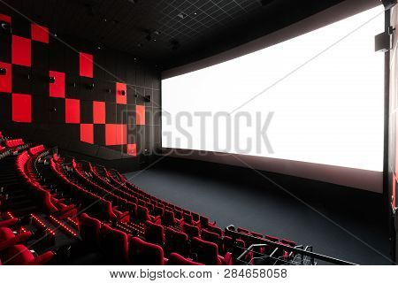 Russia, Nizhny Novgorod - November 14, 2016: Cinema Imperia Grez Nebo, Dolby Atmos. Empty Red Cinema
