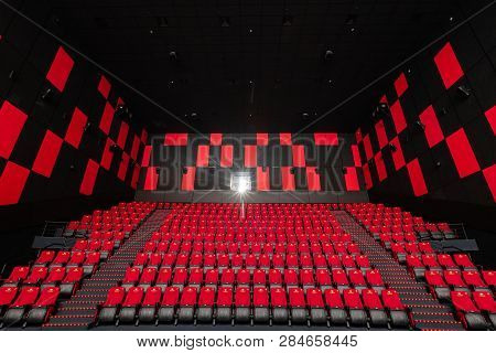 Russia, Nizhny Novgorod - November 14, 2016: Cinema Imperia Grez Nebo, Dolby Atmos. Empty Red Cinema