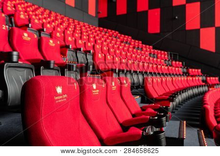 Russia, Nizhny Novgorod - November 14, 2016: Cinema Imperia Grez Nebo, Dolby Atmos. Empty Red Cinema