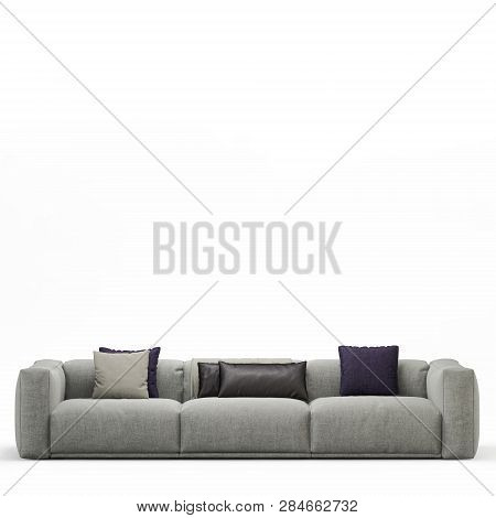 Three-seater Sofa With Pillows On A White Background Front View 3d Rendering