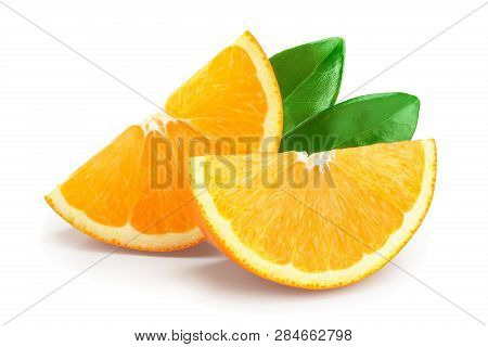 Orange Fruit Slice With Leaves Isolated On White Background