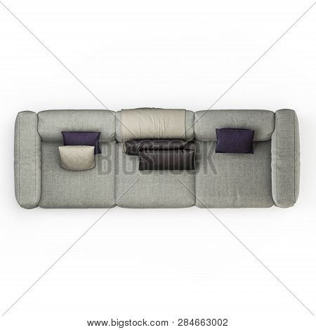 Three-seater Sofa With Pillows On A White Background Top View 3d Rendering