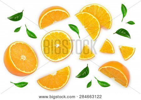 Orange With Leaves Isolated On White Background. Top View. Flat Lay