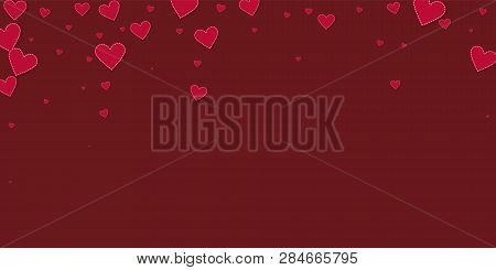 Red Heart Love Confettis. Valentine Day Falling Rain Wonderful Background. Falling Stitched Paper He