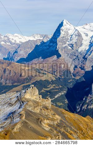 The Famous Alps Mountain Peak Eiger View From The Schlithorn With Birg Station In Foreground, Switze