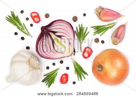 Red Onions, Garlic With Rosemary And Peppercorns Isolated On A White Background. Top View. Flat Lay