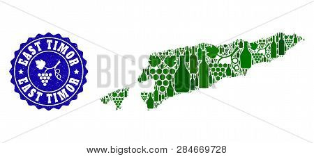 Vector Collage Of Wine Map Of East Timor And Grape Grunge Seal. Map Of East Timor Collage Formed Wit