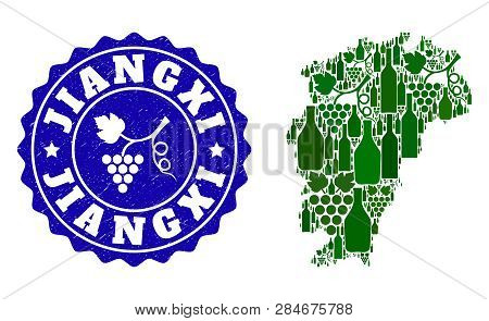 Vector Collage Of Wine Map Of Jiangxi Province And Grape Grunge Seal Stamp. Map Of Jiangxi Province 