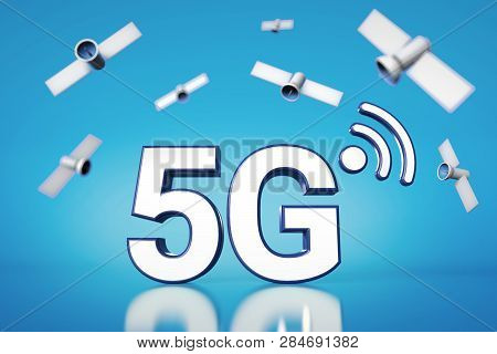 5g White Letters Standing On Blue Background With Satellites Hovering Above It. 3d Rendering