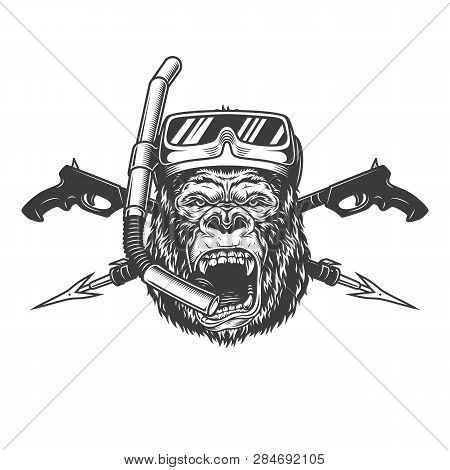 Vintage Monochrome Angry Gorilla Diver Head With Scuba Mask Snorkel And Crossed Underwater Guns Isol