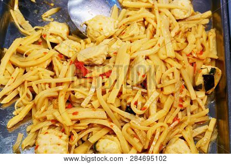 Fried Bamboo Shoot With Pork Egg Meat Ball And Sweet Basil