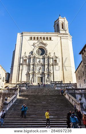 Girona, Spain - Dec 2018: Facade Of Girona Cathedral, Also Known As The Cathedral Of Saint Mary Of G