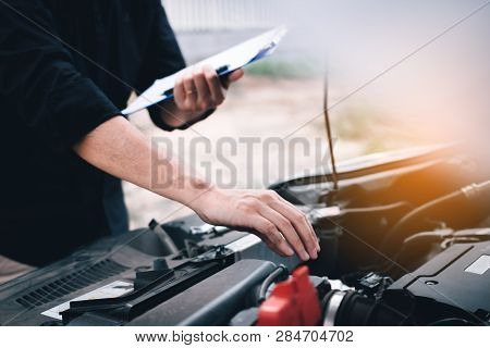 Car Mechanic Repairing Vehicle Engine Working Job.