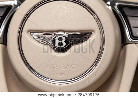 Novosibirsk, Russia - 08.01.18: Interior View With Emblem On Steering Wheel Of Luxury Very Expensive