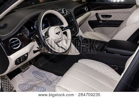 Novosibirsk, Russia - 08.01.18: Interior View With Steering Wheel And Passanger Seat Of Luxury Very 
