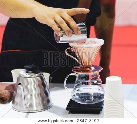 Barista Is Making Coffee, Coffee Preparing With Chemex, Chemex Dripping Hot Fresh Coffee