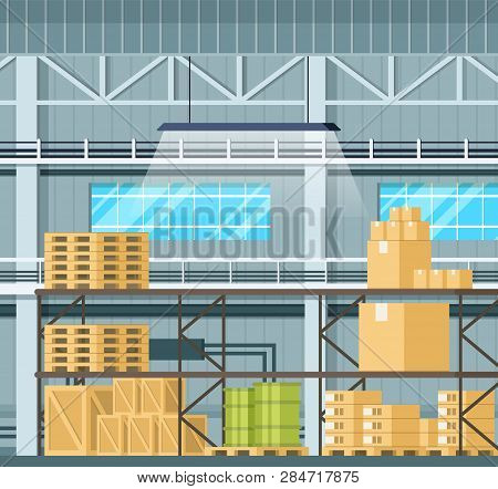 Storage Interior With Goods, Tank, Box On Shelf. Warehouse Indoor Design With Freight, Weight On Woo
