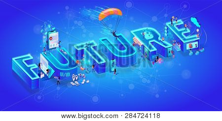 Isometric 3d Word Future. Cloud Storage. Skydiver. Ui, Ux Developers. Little People Use Gadgets, Sma