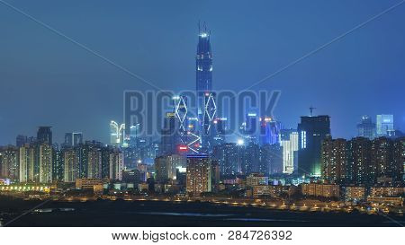 Skyline Of Shenzhen City, China At Night
