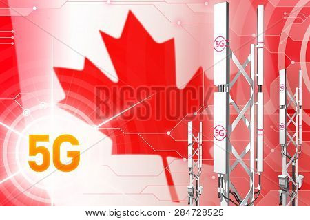Canada 5g Network Industrial Illustration, Huge Cellular Tower Or Mast On Hi-tech Background With Th