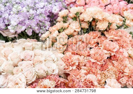 Floral Carpet, Flower Texture, Shop Concept. Beautiful Fresh Blossoming Flowers Roses, Spray Roses, 
