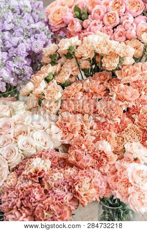 Floral Carpet, Flower Texture, Shop Concept. Beautiful Fresh Blossoming Flowers Roses, Spray Roses, 