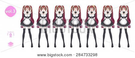 Anime Manga Girl, Cartoon Character In Japanese Style. Costume Of Maid Cafe. Set Of Emotions. Sprite