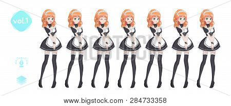 Anime Manga Girl, Cartoon Character In Japanese Style. Costume Of Maid Cafe. Set Of Emotions. Sprite
