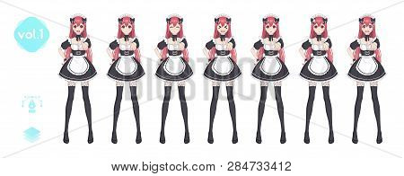 Anime Manga Girl, Cartoon Character In Japanese Style. Costume Of Maid Cafe. Set Of Emotions. Sprite