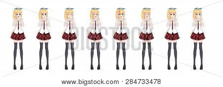 Anime Manga Girl, Cartoon Character In Japanese Style. In A White Shirt, A Red Skirt In A Cage, A Ti