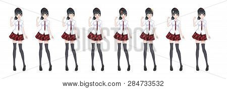 Anime Manga Girl, Cartoon Character In Japanese Style. In A White Shirt, A Red Skirt In A Cage, A Ti