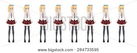 Anime Manga Girl, Cartoon Character In Japanese Style. In A White Shirt, A Red Skirt In A Cage, A Ti
